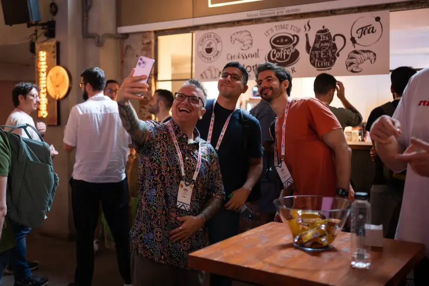 Attendees taking a selfie at the Friendly.rb coffee corner
